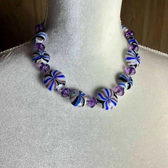 Women’s Multi-Color Beaded Necklace Set — Purple, Turquoise, Cream, Gold Accents - Picture 4 of 11